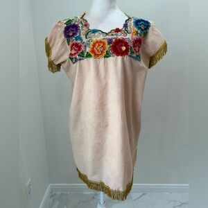 Mexican Huipil Peasant Embroidered Floral Dress with Fringe